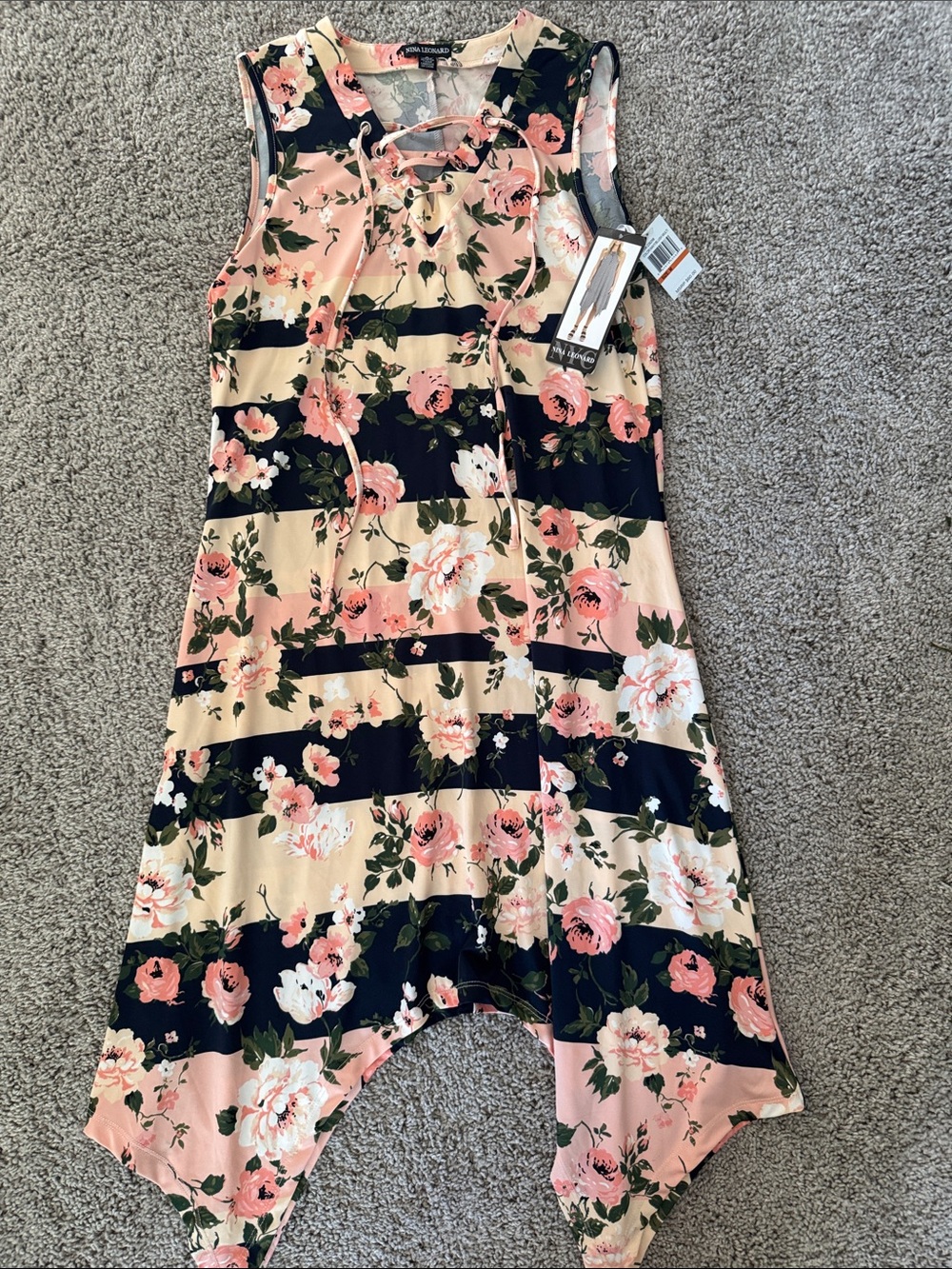 Nina Leonard Pink Black Cream Floral-Stripe Lace-Up Handkerchief Midi Dress